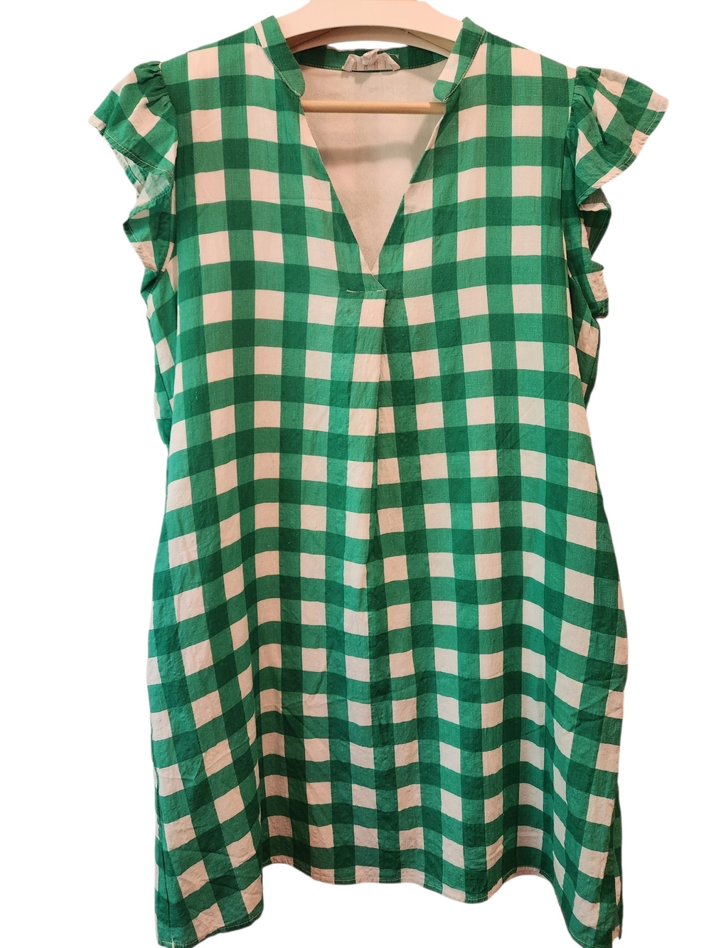 THML Green & White Gingham Ruffle Sleeve Shift Mini Dress. Small.